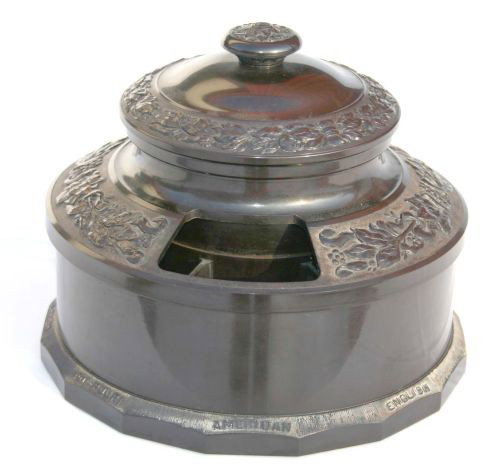 Unusual antique "Coltrock" revolving humidor w sl: Unusual antique "Coltrock" revolving humidor w slots for different kinds of Tobacco by Colts Patent Manuf Co Hartford, CT - 8 1/2" diam & 7" tall
