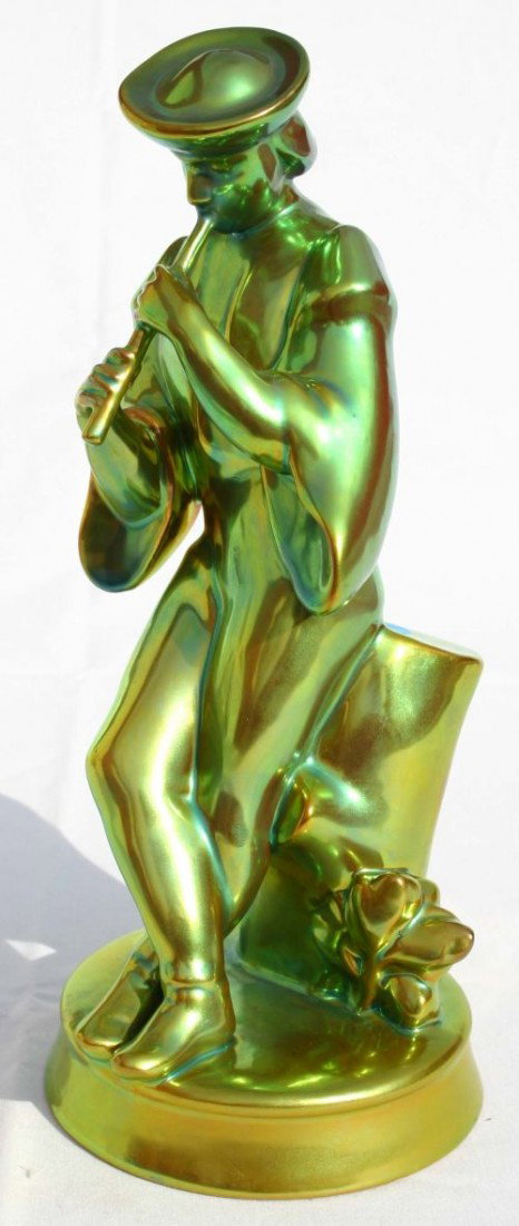 outstanding sgnd Zsolnay 11" irid pottery figure o: outstanding sgnd Zsolnay 11" irid pottery figure of a flutist
