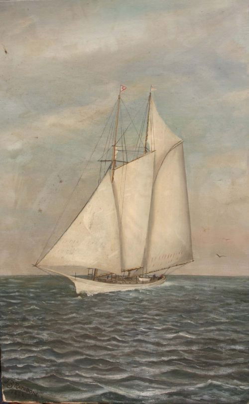 sgnd J.S. Rathbone 22x14 unframed o/bd of a sailin: sgnd J.S. Rathbone 22x14 unframed o/bd of a sailing ship w figures on board dated 1888