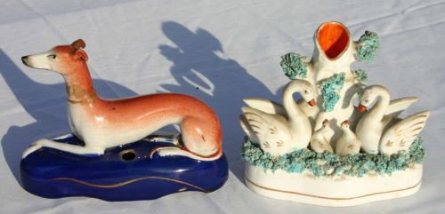3 pc 19thC Staffordshire lot incl 6" long whippet : 3 pc 19thC Staffordshire lot incl 6" long whippet pen holder, 5 1/2" tall swan spill holder & 6" tall Toby pepper pot