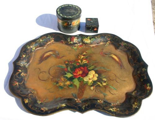 lot of 3 antique tin tole painted items incl large: lot of 3 antique tin tole painted items incl large 18 1/2" x 25" tray, a 4 1/2" tall x 5 1/2" diam round box & a square box 2 1/4"x3"
