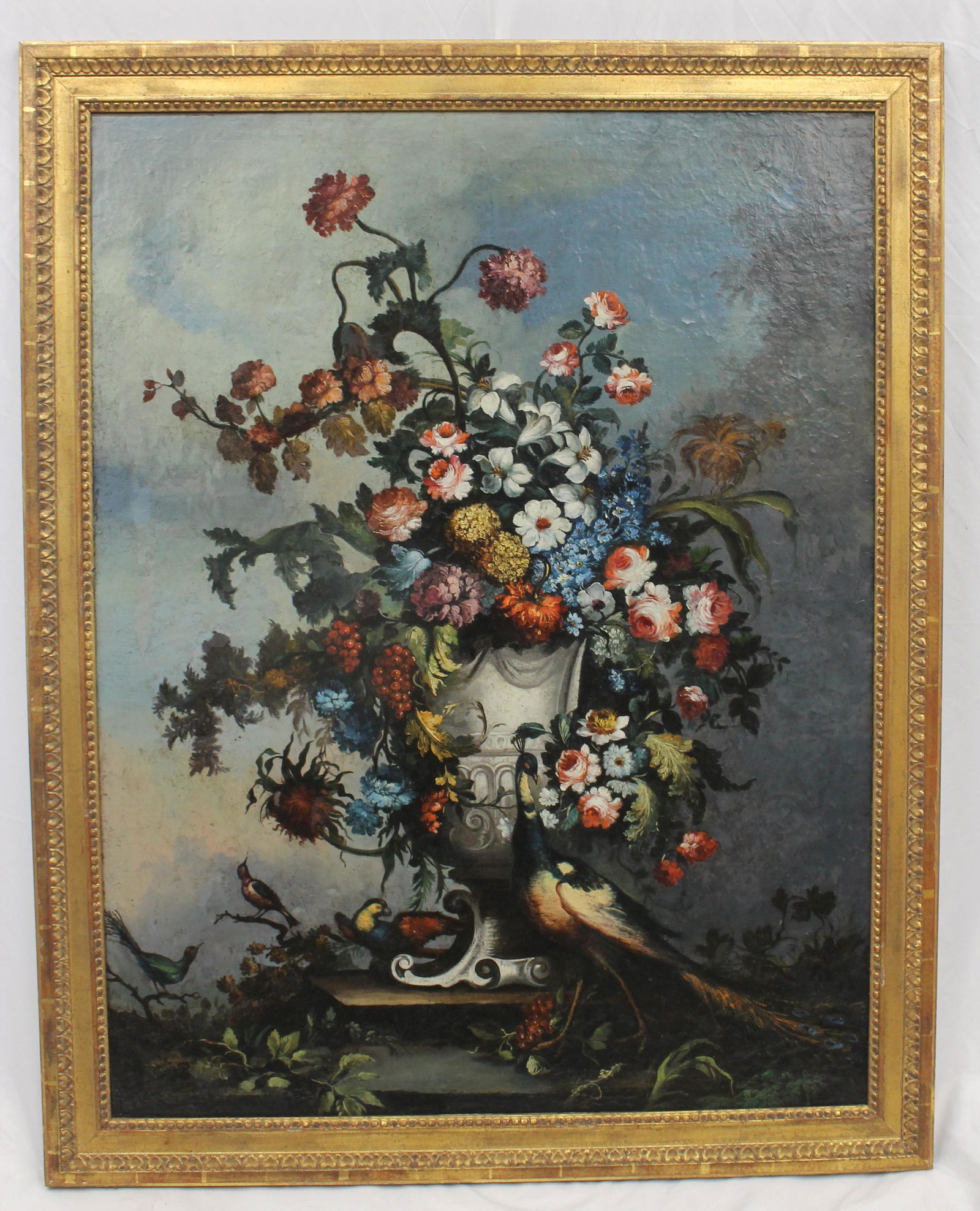 Large antique o/c still life w large urn of flowers, peacock & other birds - 50"x39 1/2" overall (1 of 10)