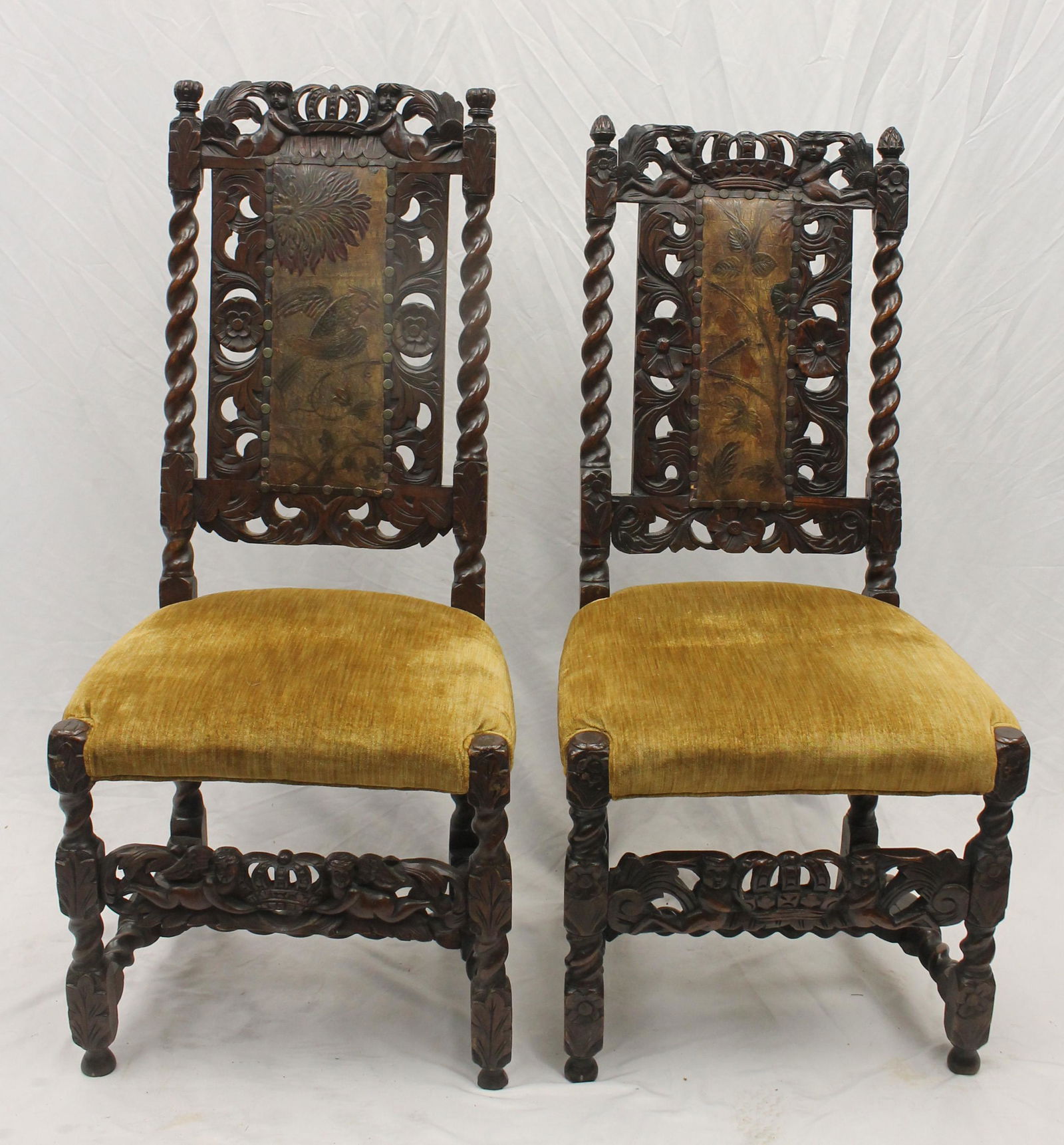 Pair of antique oak side chairs w barley twist supports, carved cherubs & crown crests, floral, (1 of 15)