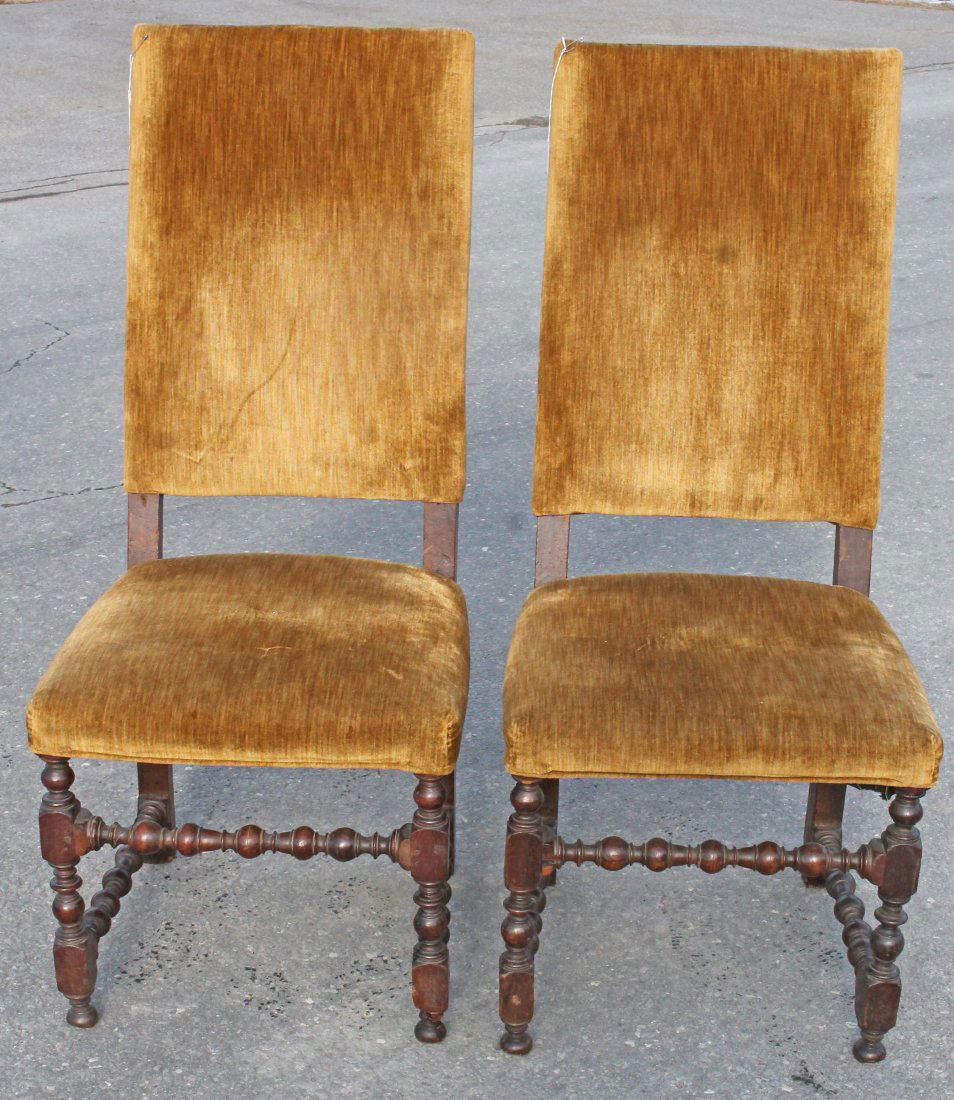 Pair of antique oak sidechairs w turned stretchers w mustard velvet upholstered seats & backs - 44" (1 of 6)