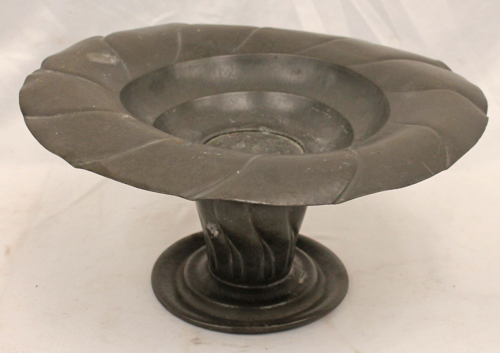 Lot of 2 antique pewter items incl cake stand/compote & coffee pot - 5 1/2" tall x 12" diam compote (1 of 6)