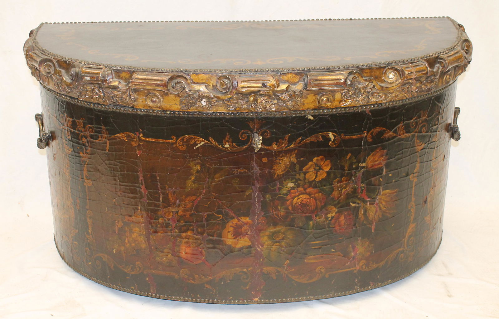 18thC carriage seat chest w carved gold painted lid & painted leather top & sides - 24 1/2" (1 of 12)