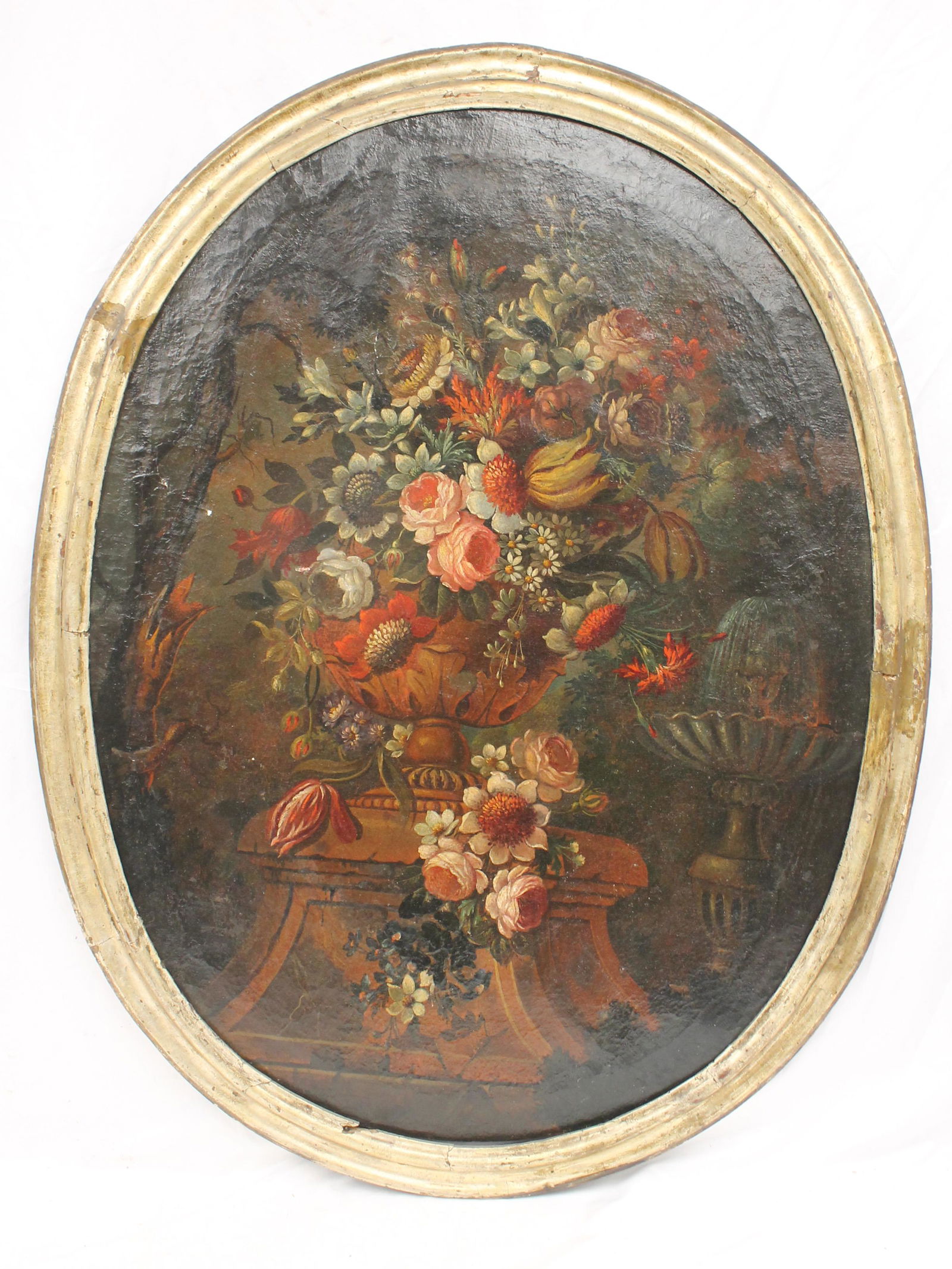 Large antique oval o/c still life urn of flowers - 42"x32 1/2" overall framed size (1 of 13)