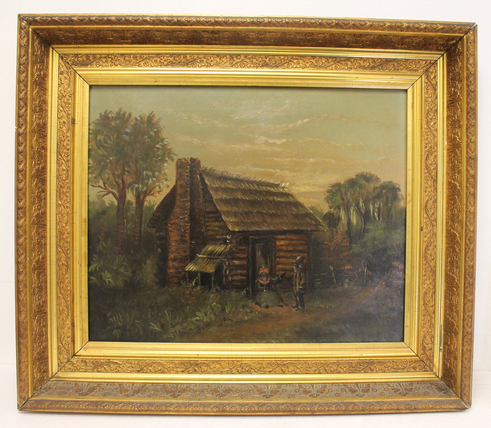 Southern genre o/c w man & woman & log cabin in fancy gold frame - 25 1/2"x29 3/4" overall framed: Southern genre o/c w man & woman & log cabin in fancy gold frame - 25 1/2"x29 3/4" overall framed size