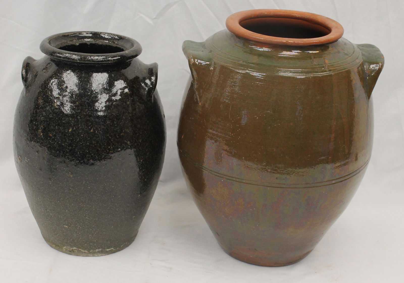 Lot of 2 antique pottery jars incl green glazed redware 14" tall & alkaline glazed southern (1 of 10)