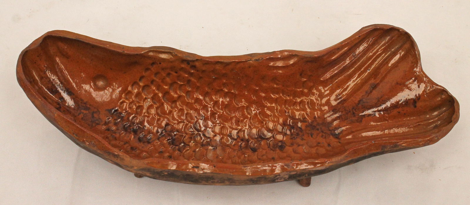 Interesting form redware fish bowl - 12" long: Interesting form redware fish bowl - 12" long