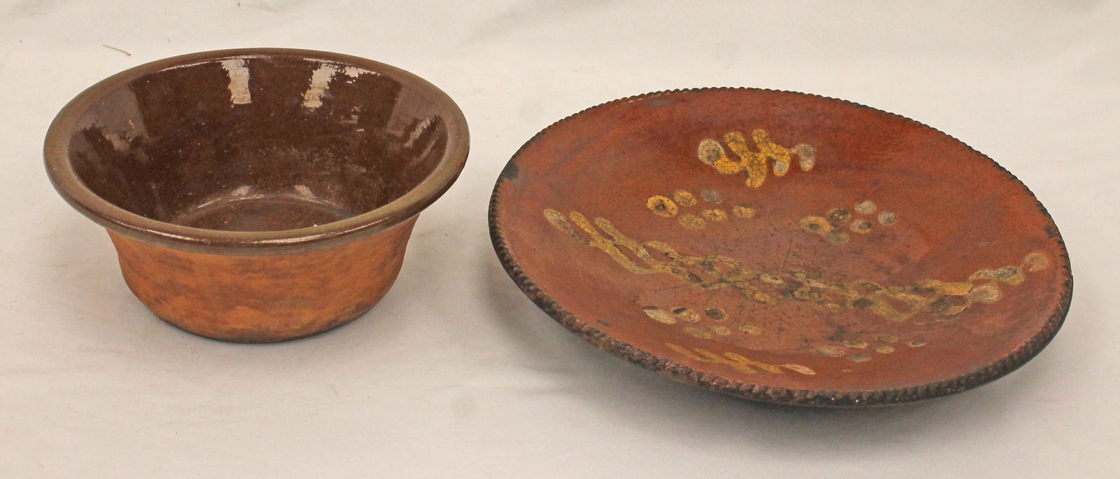 lot of 2 antique redware items incl slip dec 7" plate (as found) and sm 10" diam milk dish (1 of 9)