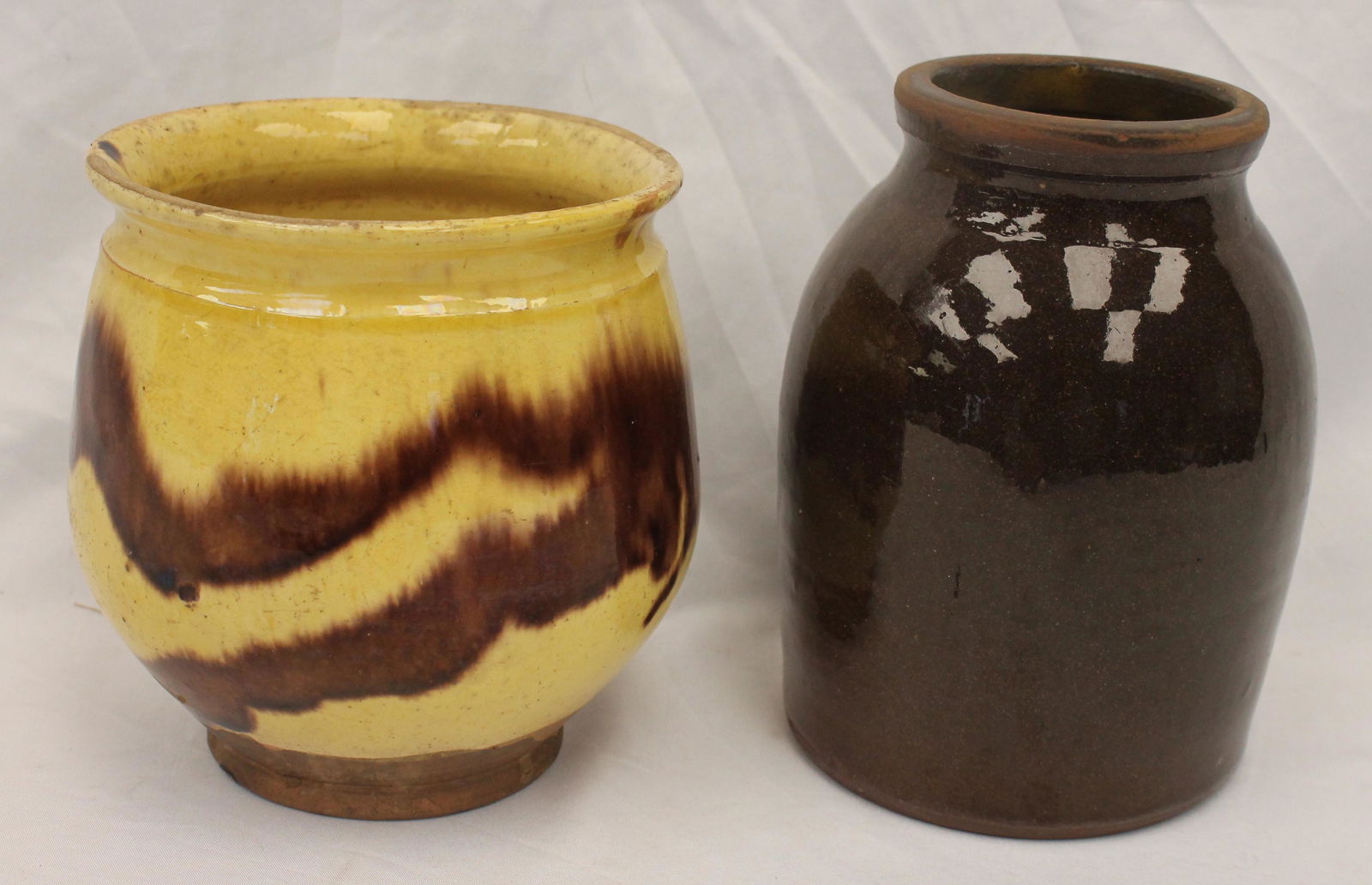 Lot of 2 redware jars - as found - 6" & 7" tall (1 of 9)