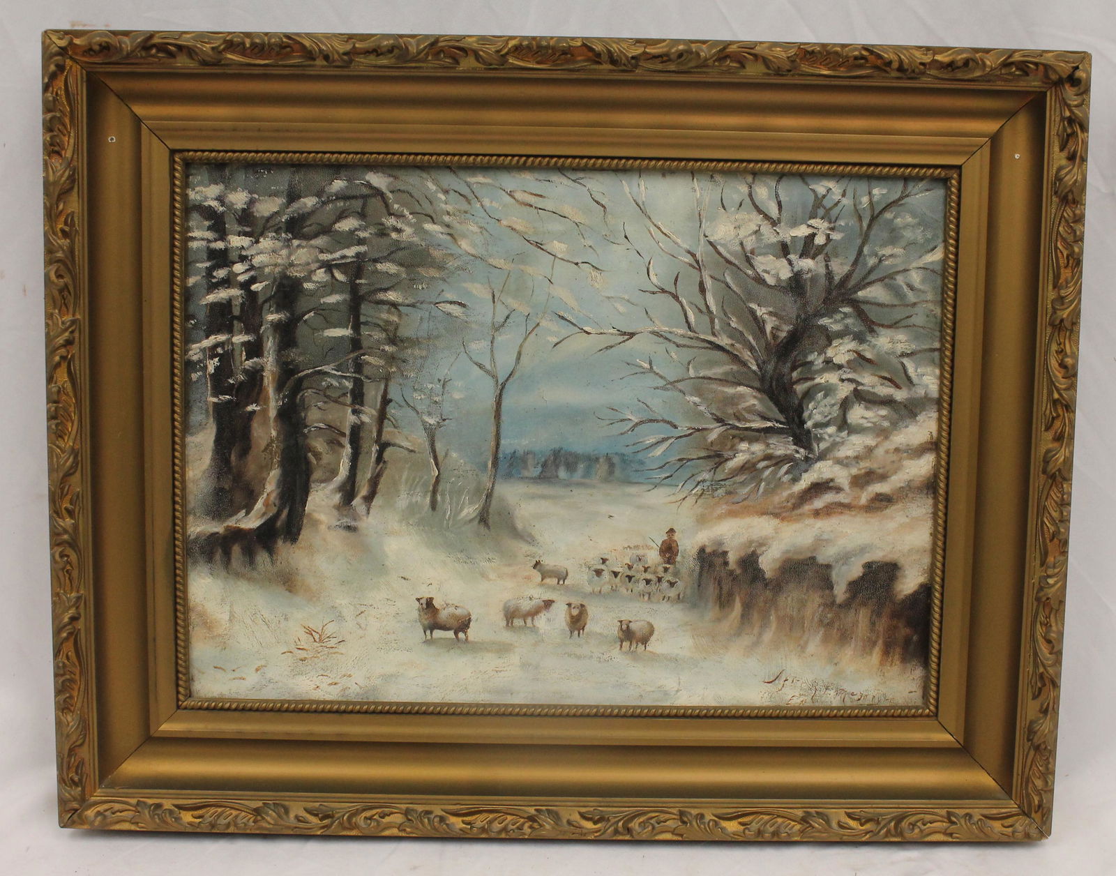 Oil on board winter scene w sheep & shephard after R.F. Mcintyre by Emma Bickford - overall framed (1 of 6)