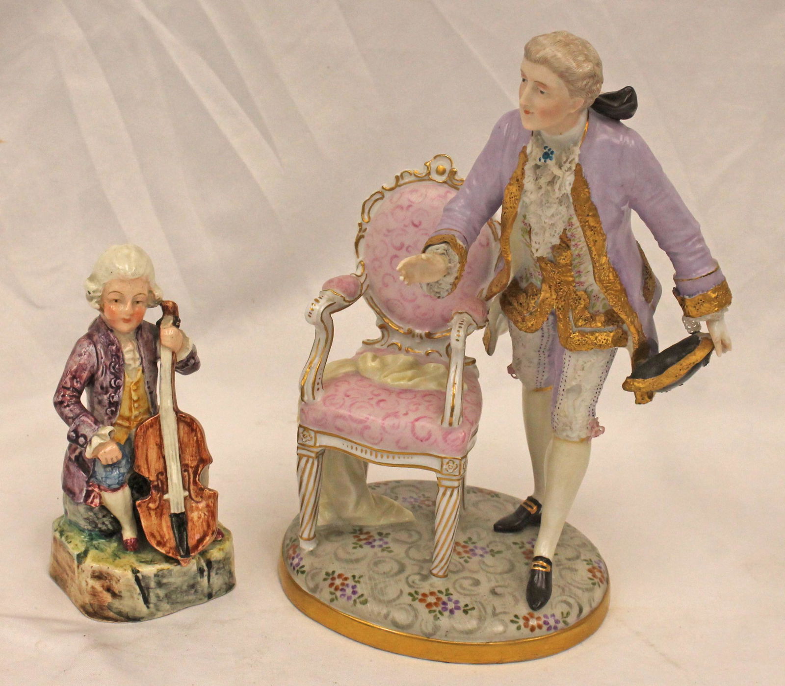Lot of 2 porcelain figurines incl 8 1/2" Meissen man in Victorian dress  standing next to a chair & (1 of 12)