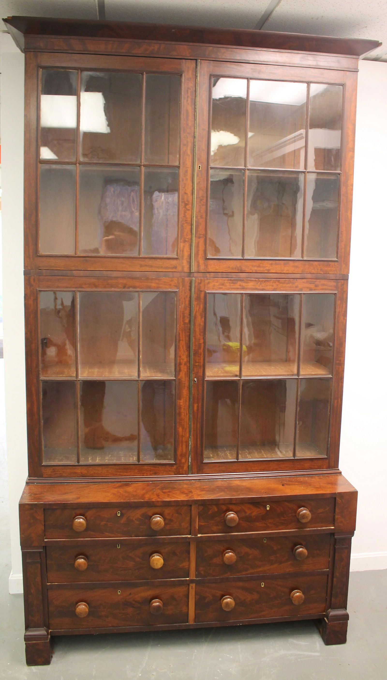 Empire mahog veneer bookcase w 4 glass doors over 6 drawers -  92 1/2" tall x 49" wide x 19 1/4" (1 of 11)