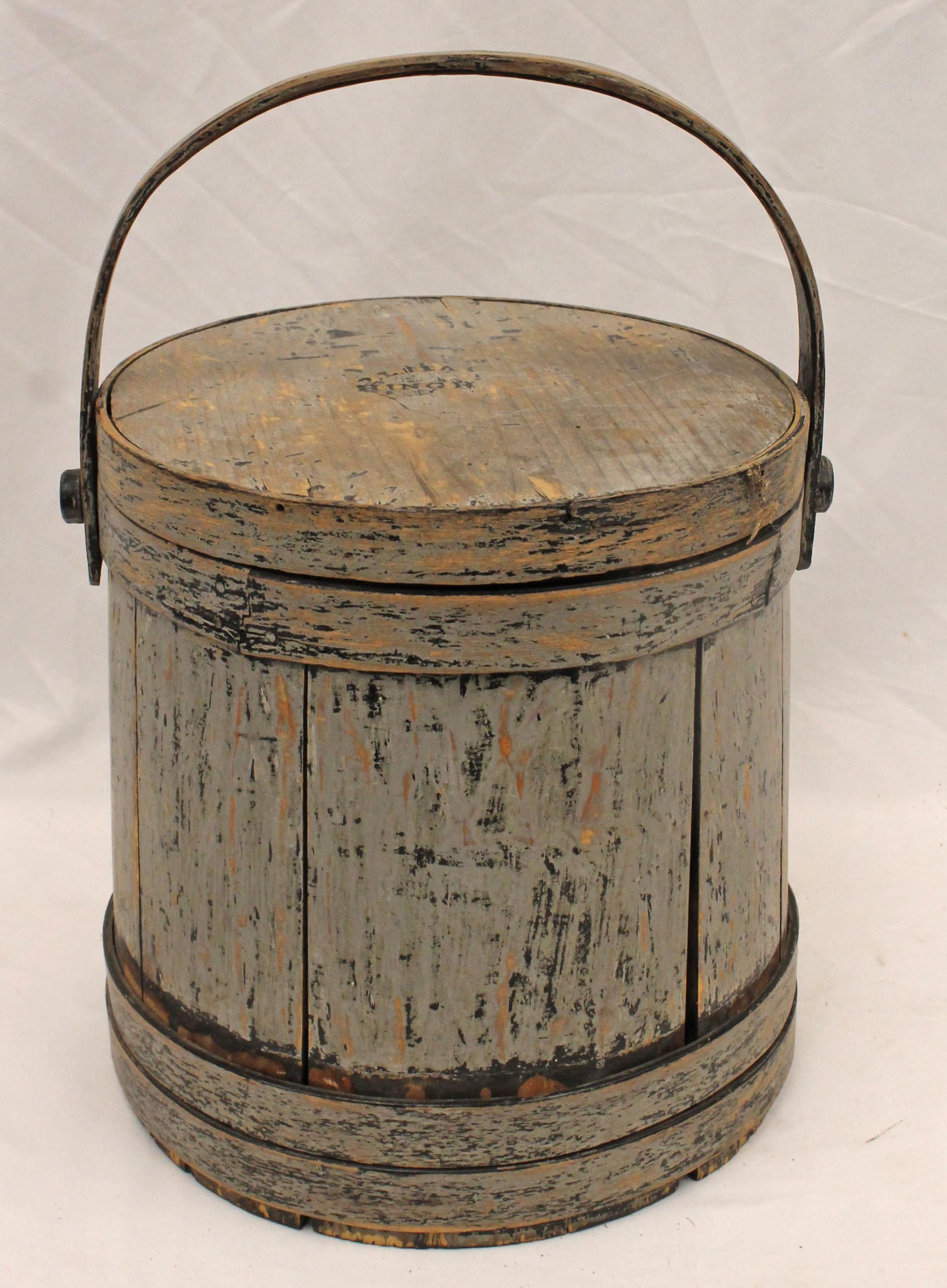 Antique firkin bucket in gray paint w traces of blue - 11" tall (1 of 6)