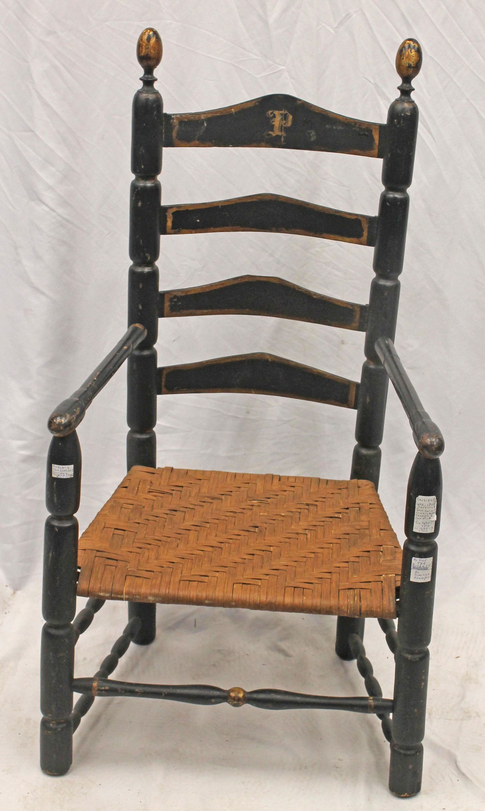 17thC ladderback armchair in black paint w gilt dec "P" on top slat & gilt dec on slats & supports - (1 of 8)