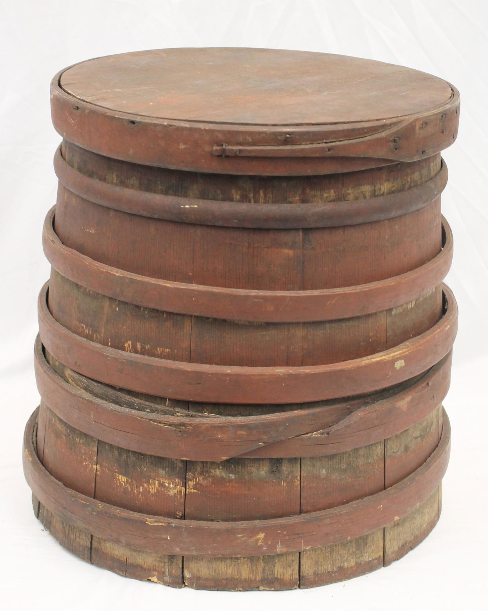 Very large wooden banded staved bucket in red paint - 17 1/2" tall (1 of 8)