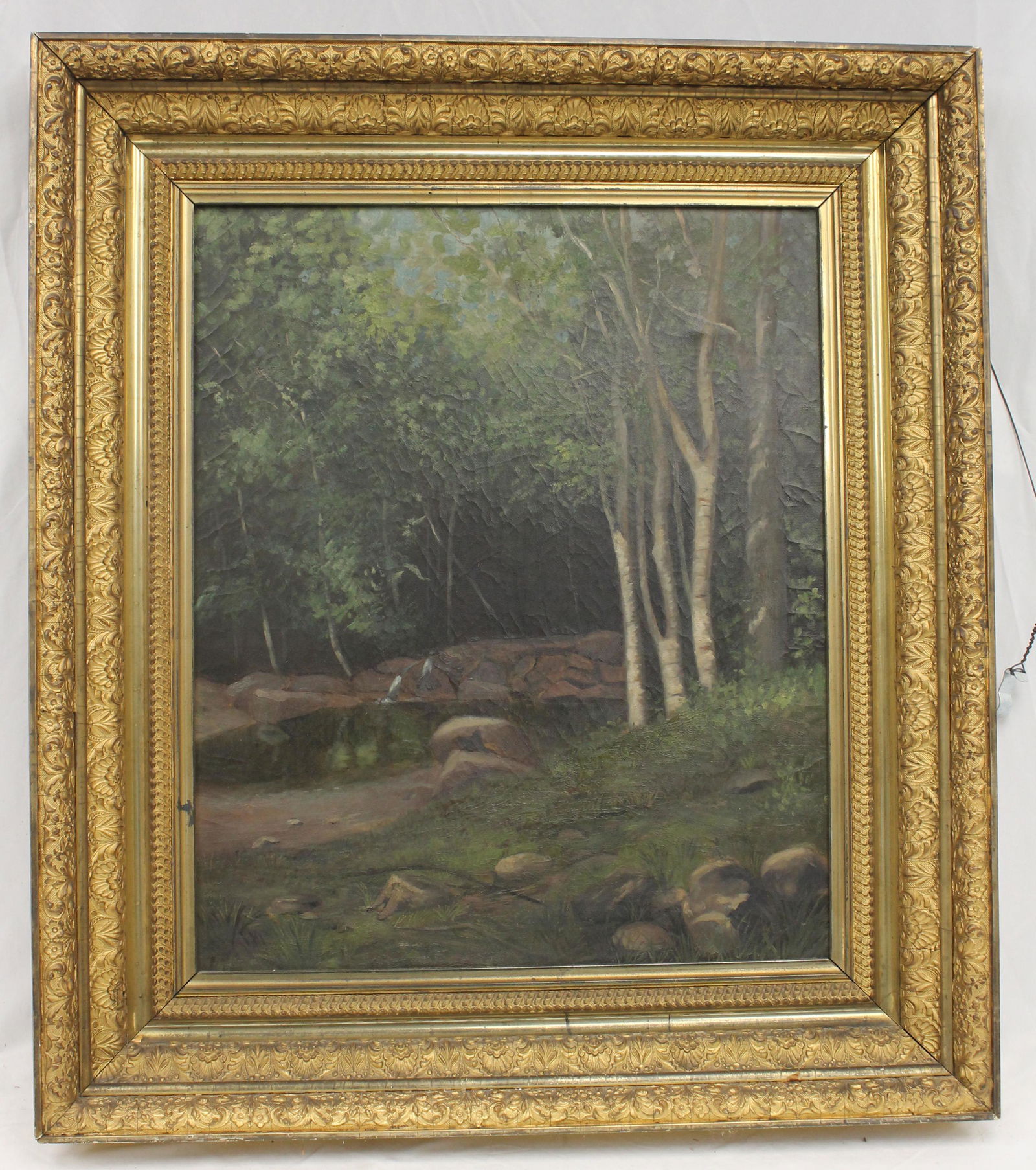 Unsigned o/c forest scene w birch trees, waterfall & stonewall in fancy gold frame - overall framed (1 of 7)