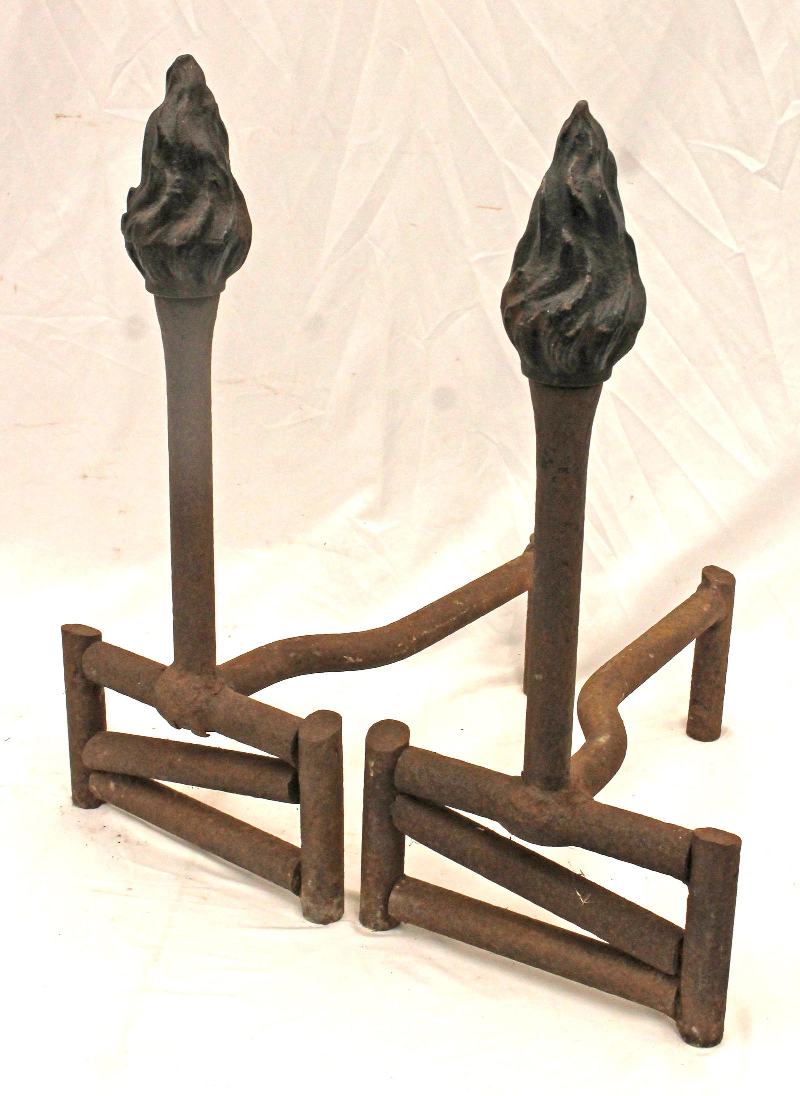 Large antique pair of andirons w flame finials - 24" tall x 17" deep (1 of 6)