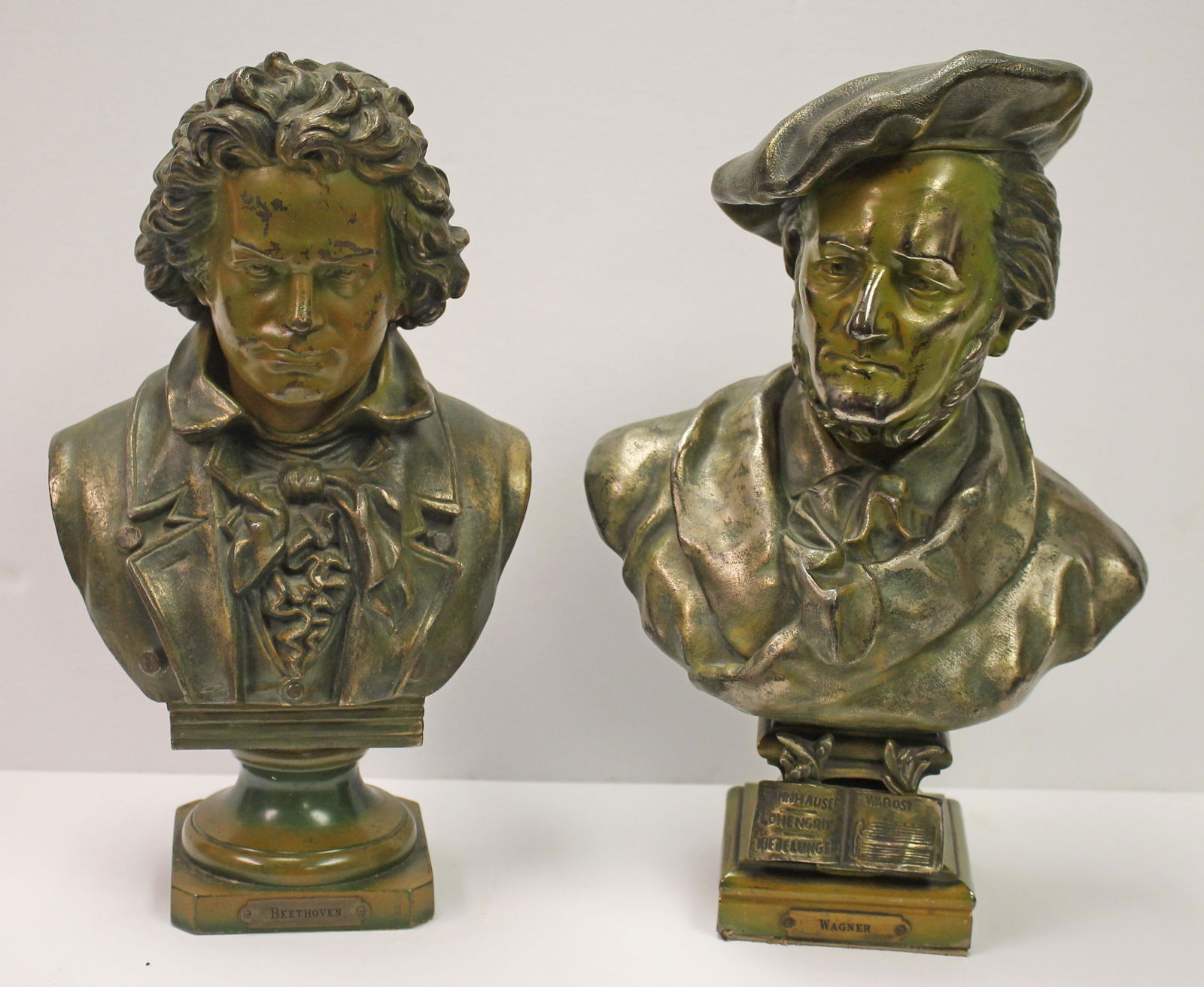 Lot of 2 Sculpture busts of Wagner & Beethoven in spelter metal with a patinated bronze finish - 12" (1 of 13)