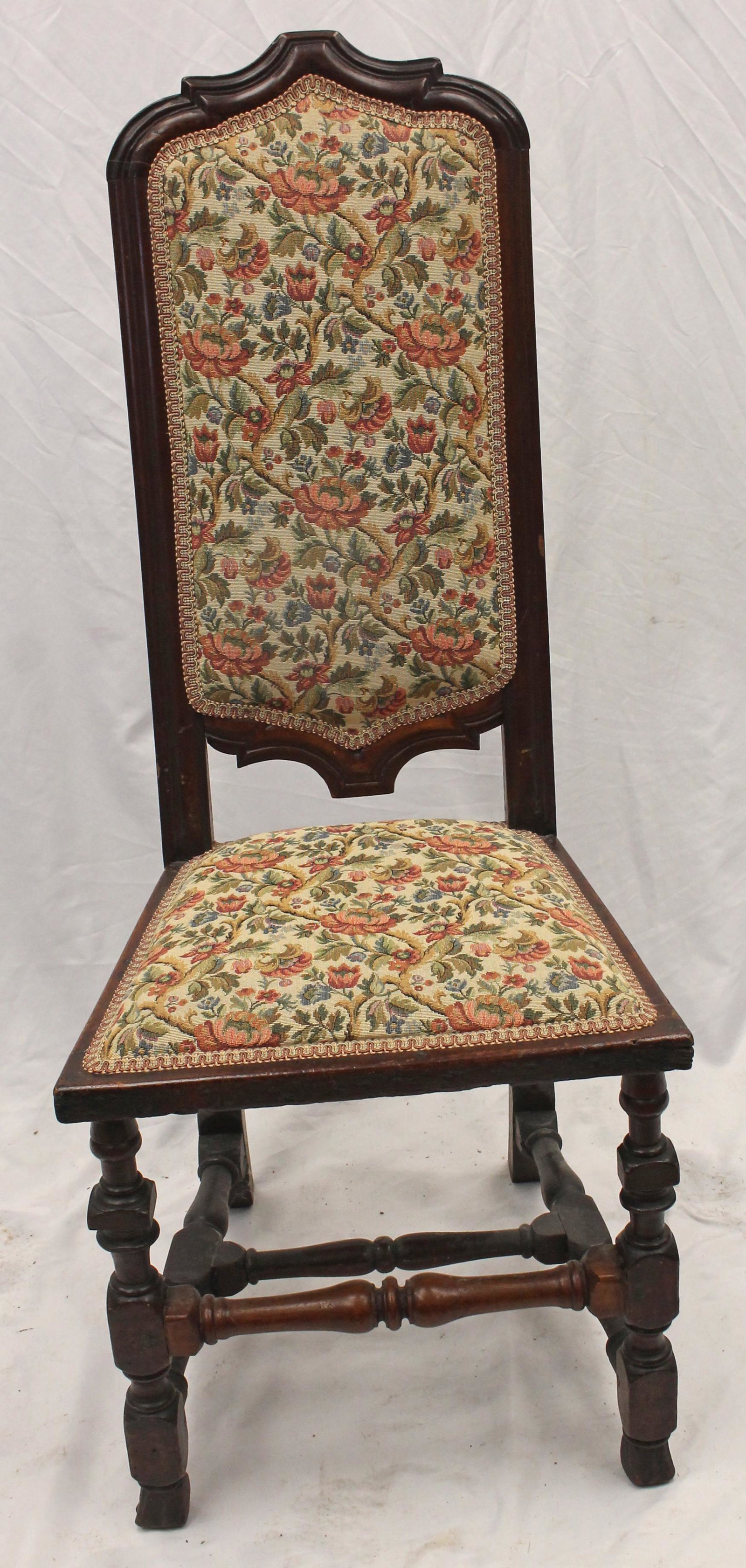 Queen Anne Boston area Spanish ft side chair w floral tapestry upholstery: Queen Anne Boston area Spanish ft side chair w floral tapestry upholsteryAs found. Front stretcher replaced.