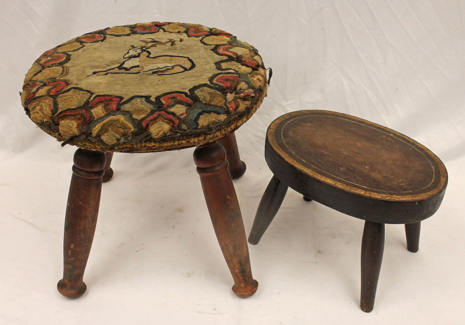 Lot of 2 antique footstools incl early 19thC folk art sheared hooked rug w stag upholstered example (1 of 6)