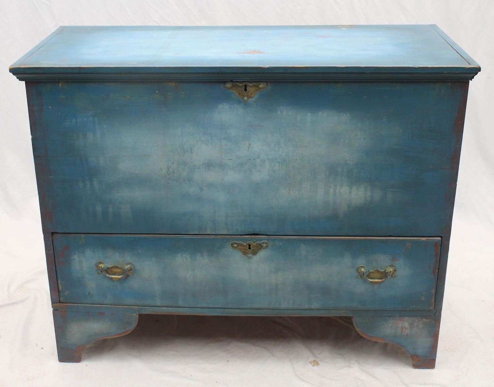Antique 1 drawer blanket chest in blue paint - 32" tall x 40 1/4" wide x 18 1/2" deep (1 of 7)