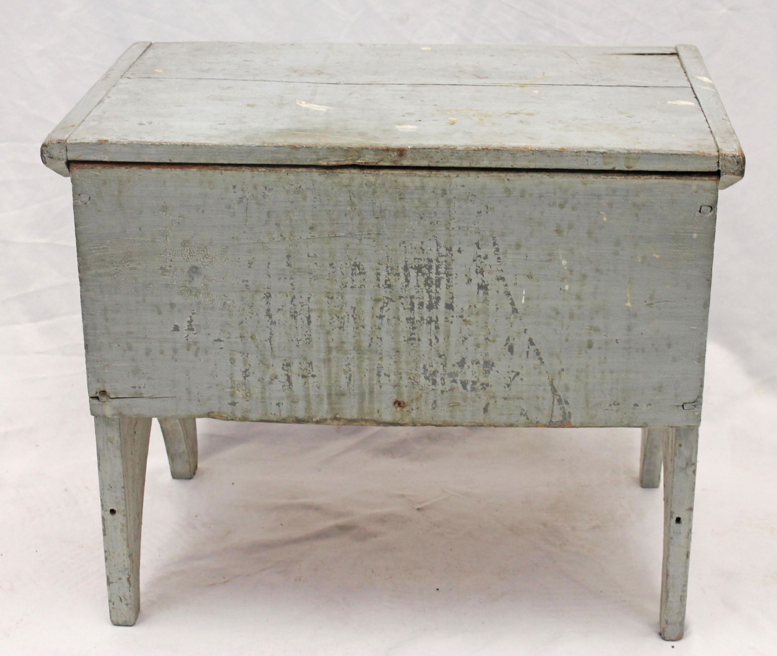 Antique small lift top box on bootjack legs w leather hinges in blue/gray paint - 17" tall x 20 1/2" (1 of 8)