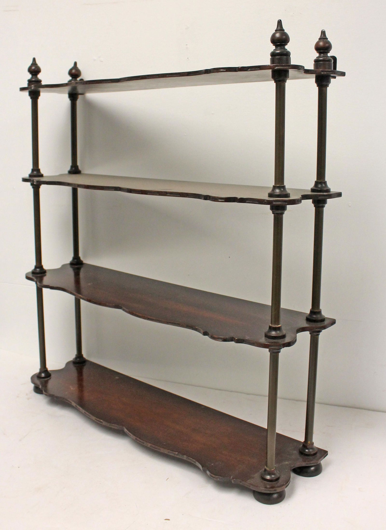 Mahogany 4 tier shelf w finials & button feet - can be hung or stand alone on a table top - 26" tall (1 of 4)