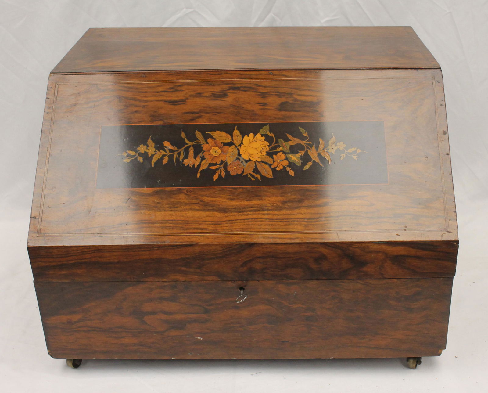 Antique mahogany lift top box w marquetry inlaid front, divided birdseye maple interior, brass bound (1 of 8)