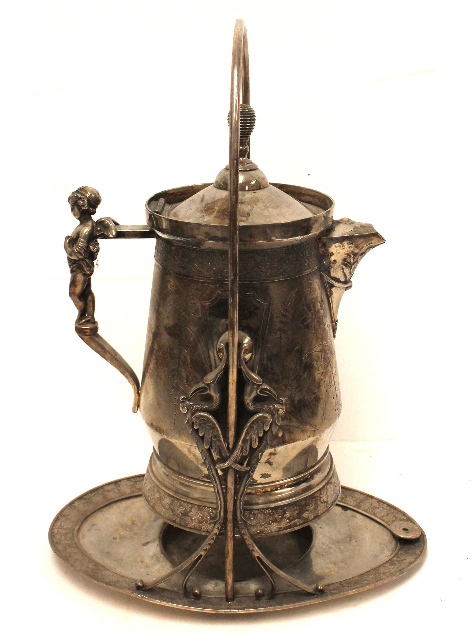 Silverplate water pitcher on tilting stand w putti figural handle by Hall, Elton & Co. Wallingford, (1 of 8)