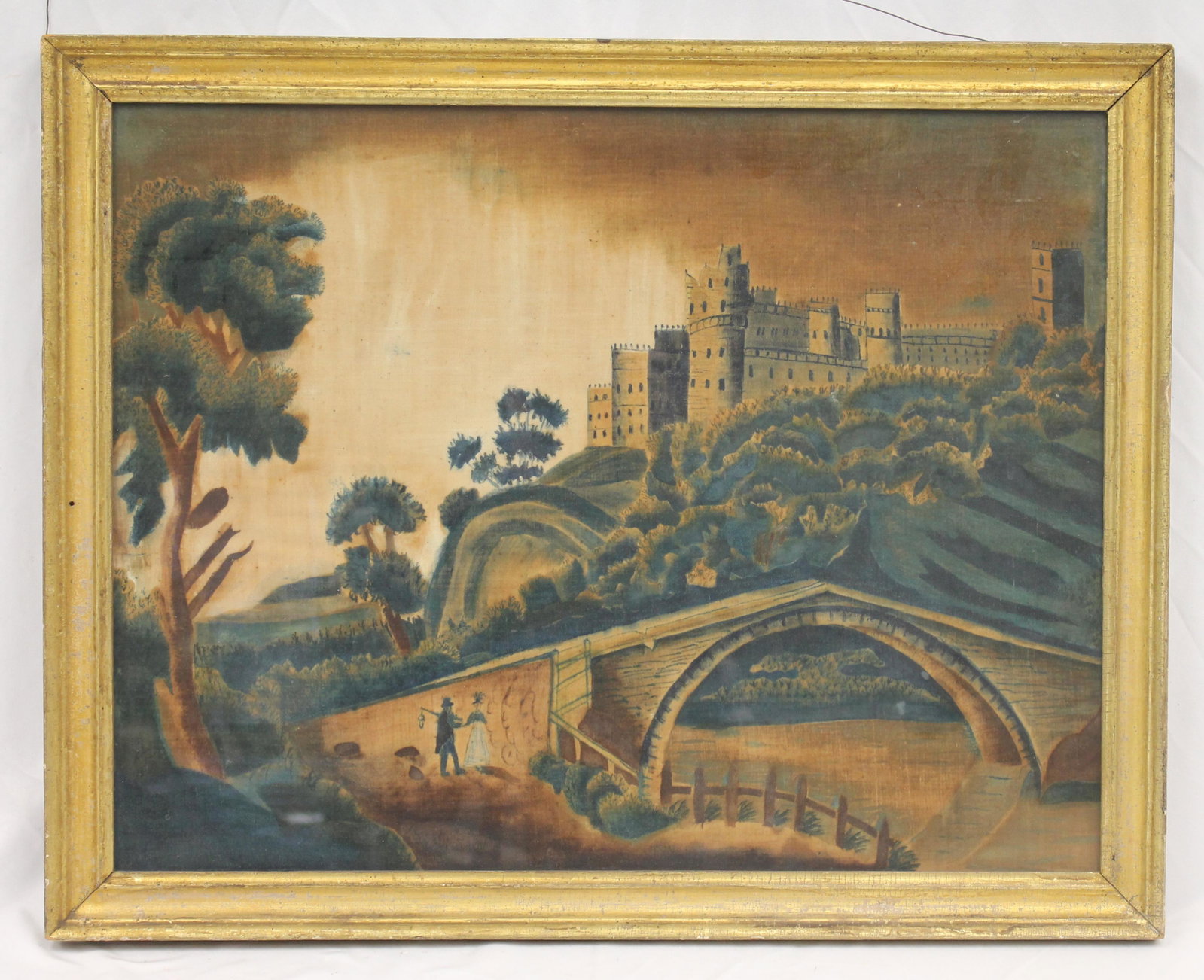 Antique landscape theorem on linen w figures, castle, bridge, etc - 20"x24 3/4" overall framed size: Antique landscape theorem on linen w figures, castle, bridge, etc - 20"x24 3/4" overall framed size