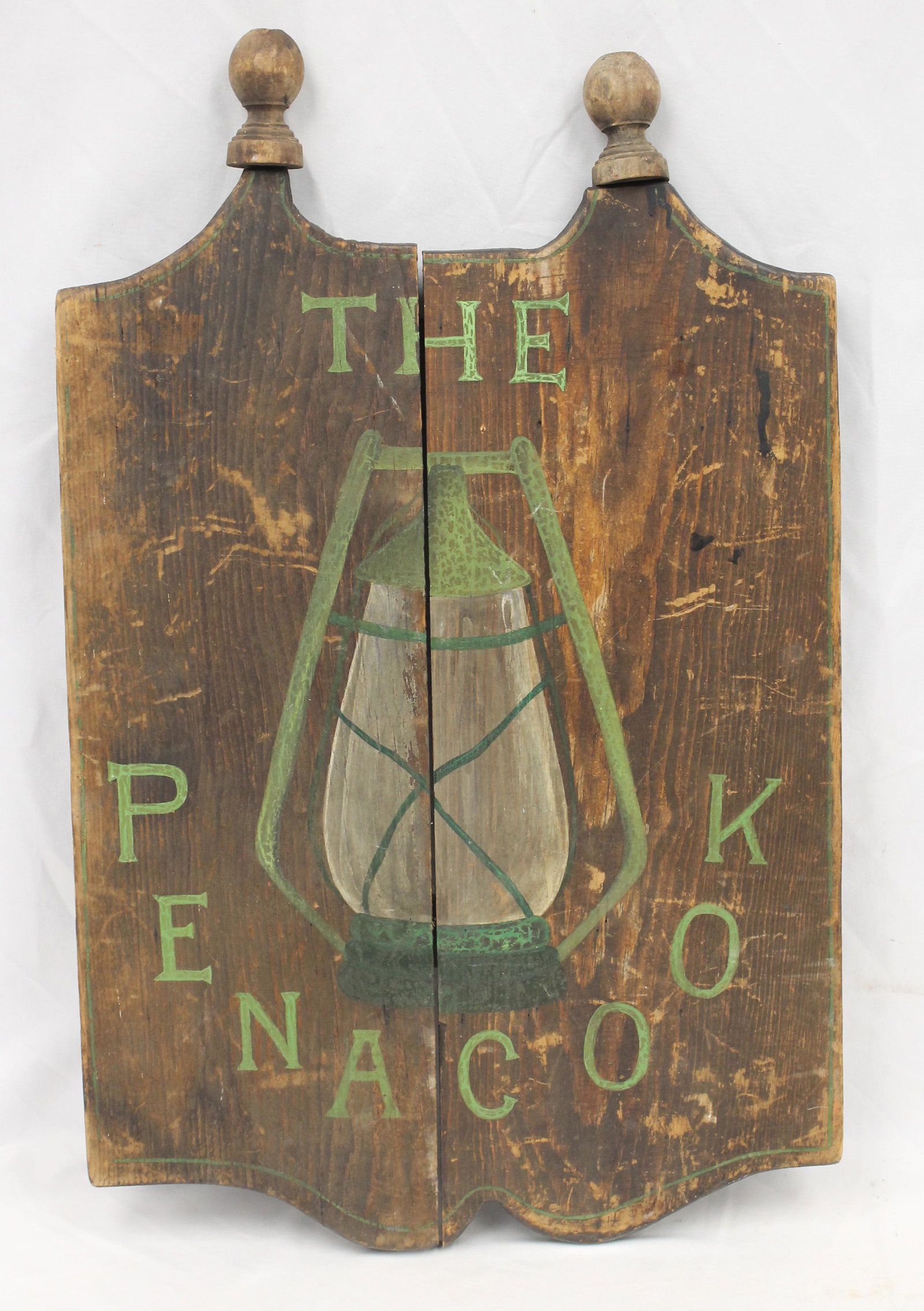Antique wooden painted trade sign "The Penacook" w painted lantern motif - approx 23"x15" (1 of 6)