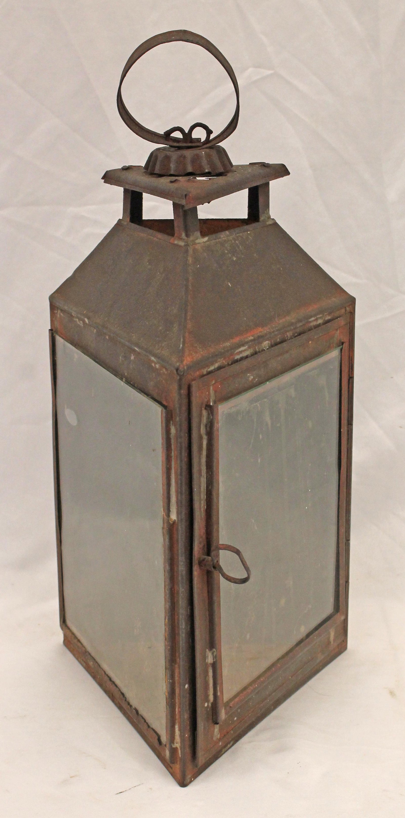 Antique three sided tin & glass lantern - approx 18" tall (1 of 6)