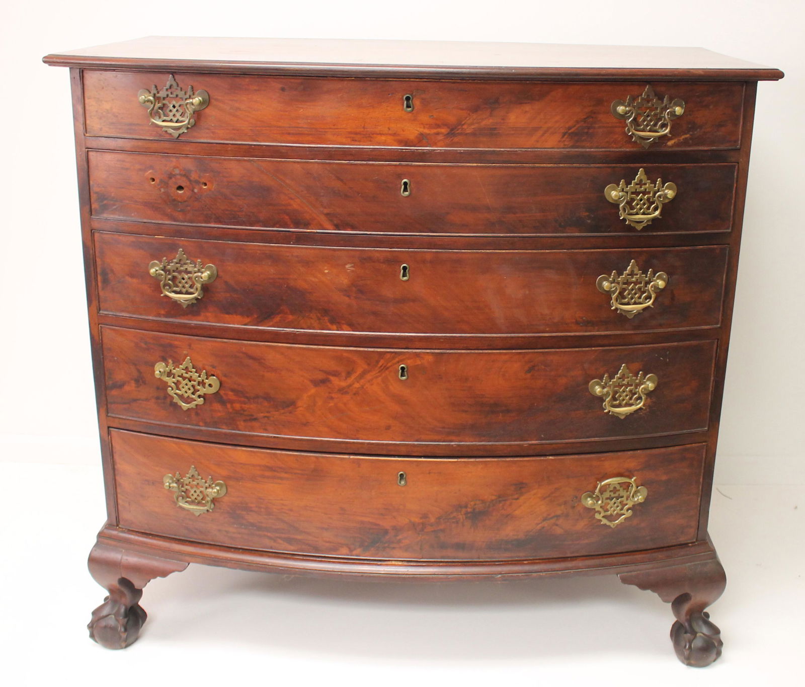Chippendale 5 dr bowfront chest on ball & claw ft - 40" tall x 43" wide x 24 1/2" deep (1 of 8)