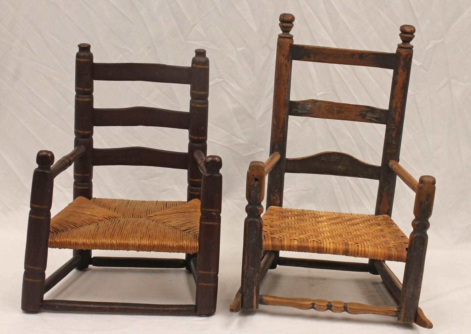 Lot of 2 youth chairs incl ladderback armchair & a woven seat rocker - 20" & 24" tall: Lot of 2 youth chairs incl ladderback armchair & a woven seat rocker - 20" & 24" tall