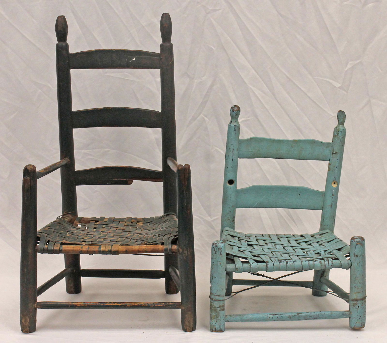 Lot of 2 antique painted ladderback child's chairs w splint seats in blue & green - 18" & 26" tall (1 of 7)