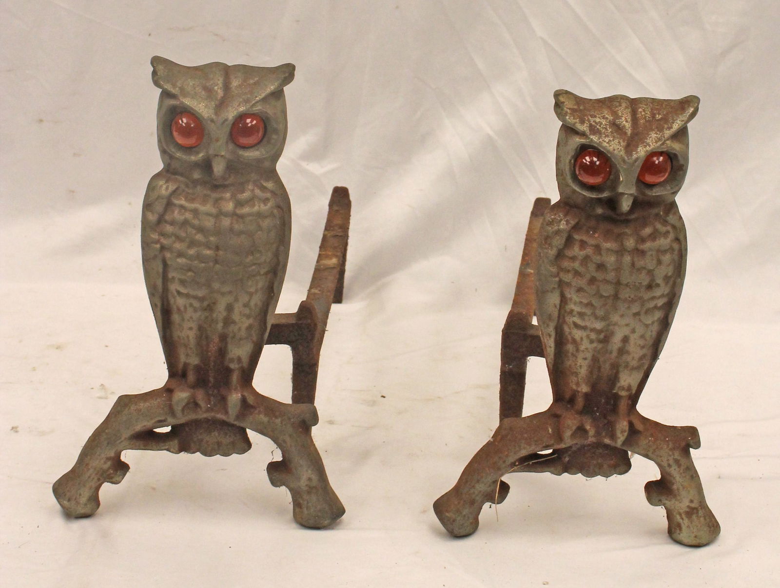 Pair of antique owl form andirons w large amber glass eyes - eyes are fully round - possibly marbles (1 of 5)