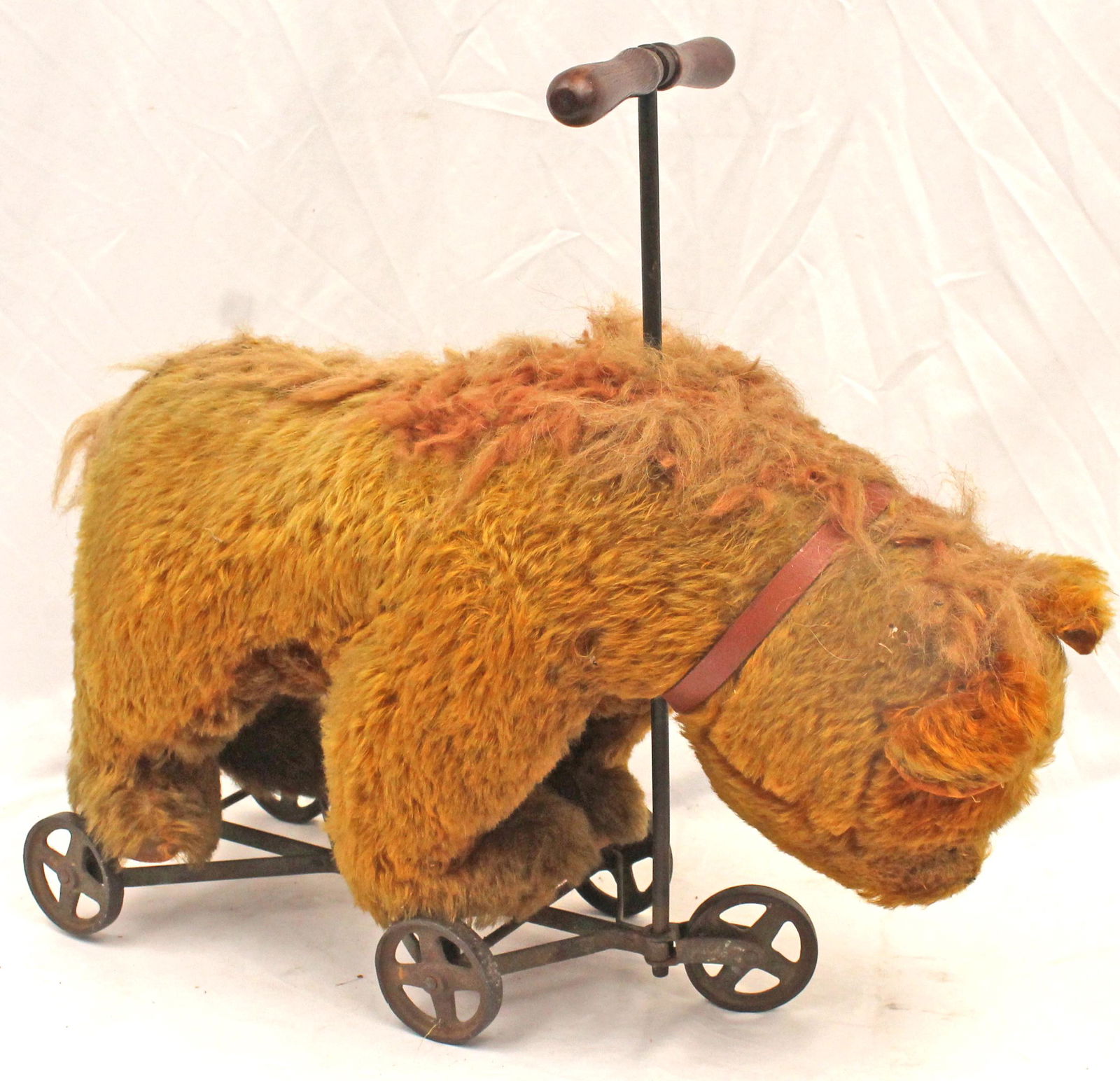 Antique bear ride 'em child's toy w iron wheels - 21" to top of handle x 24" long x 9" wide (1 of 5)