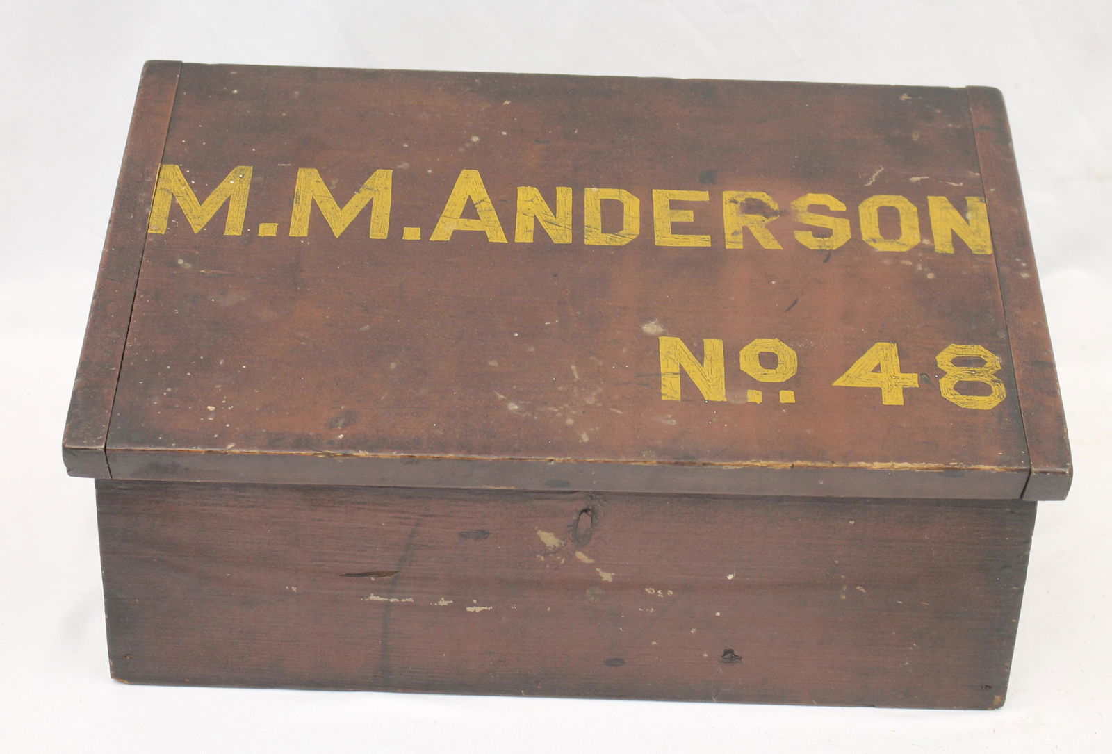Antique slant lid box w painted "M.M. Anderson No. 48" on lid and group of children's square wooden (1 of 5)
