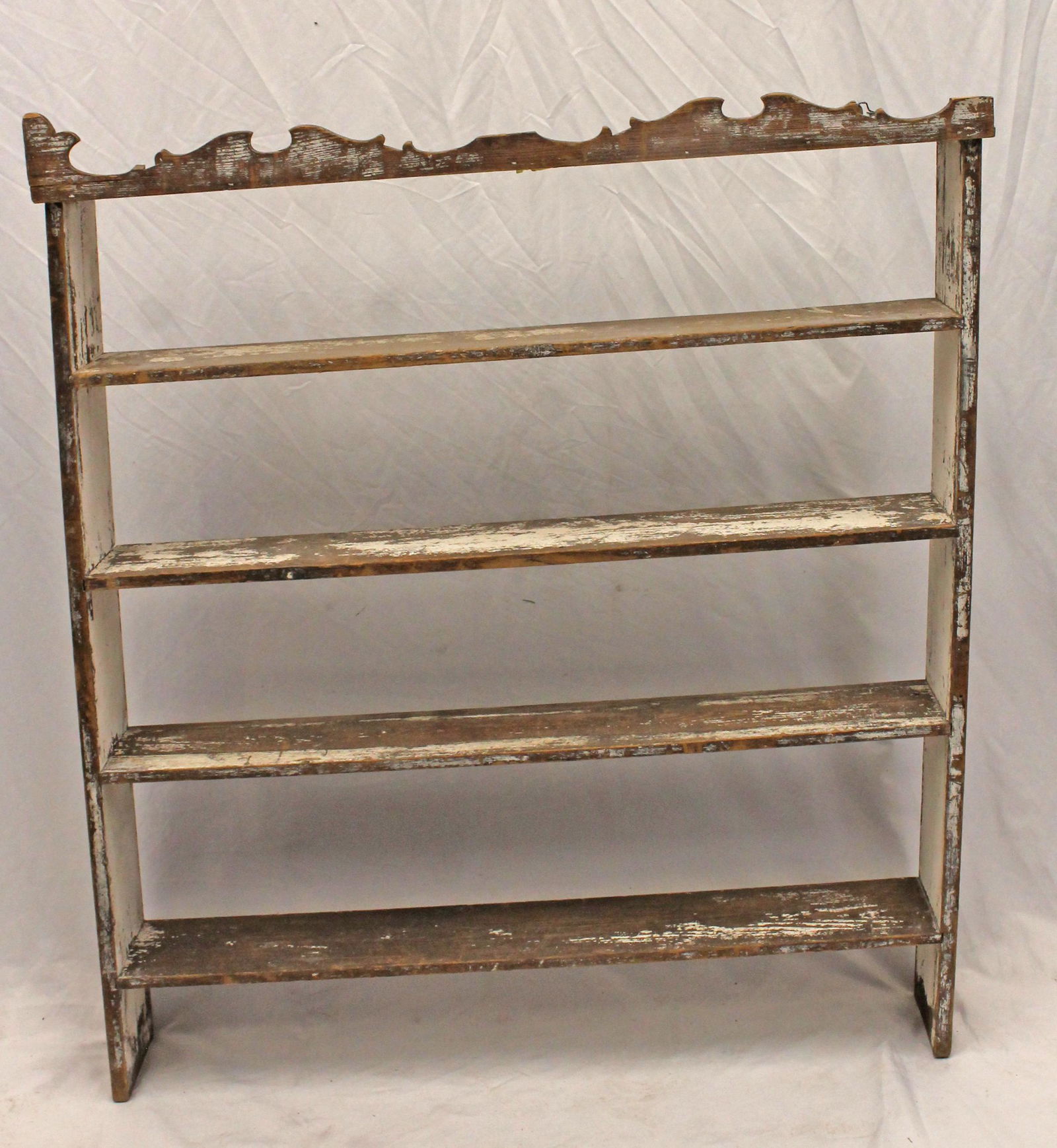 Antique 4 tier shelf w shaped top in old white paint - can be wall hung or floor standing - 43 1/2" (1 of 5)