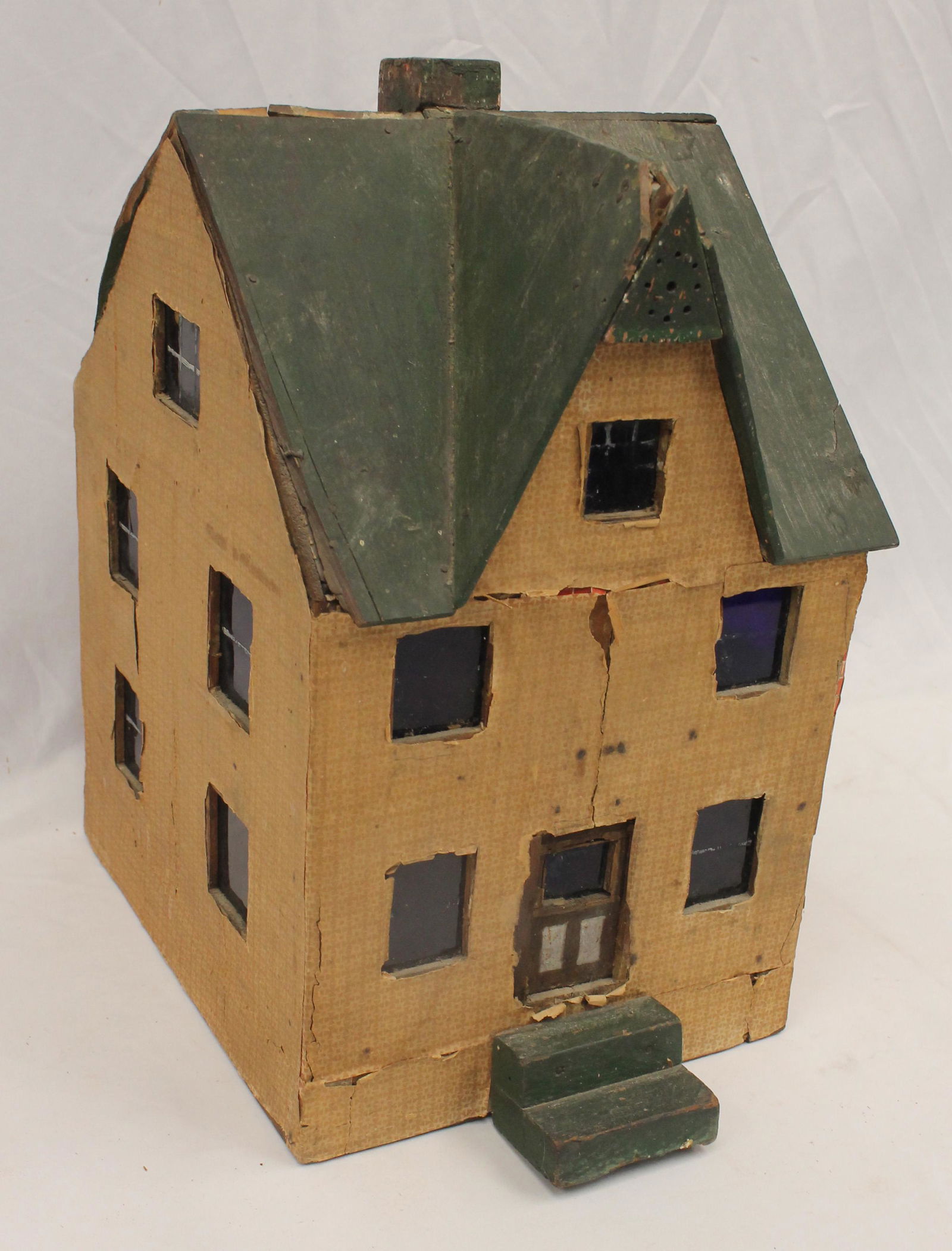 Vintage dollhouse form night light w cobalt & red colored windows & wallpaper outside - open on the: Vintage dollhouse form night light w cobalt & red colored windows & wallpaper outside - open on the bottom but does not open as a typical dollhouse would - 15" tall x 10" wide x 12" deep