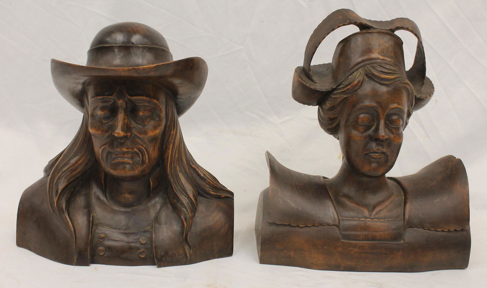 Pr of sgnd French wooden carved busts of a man & woman - 10" tall x 9 1/4" wide & 11" tall x 9 1/4" (1 of 12)