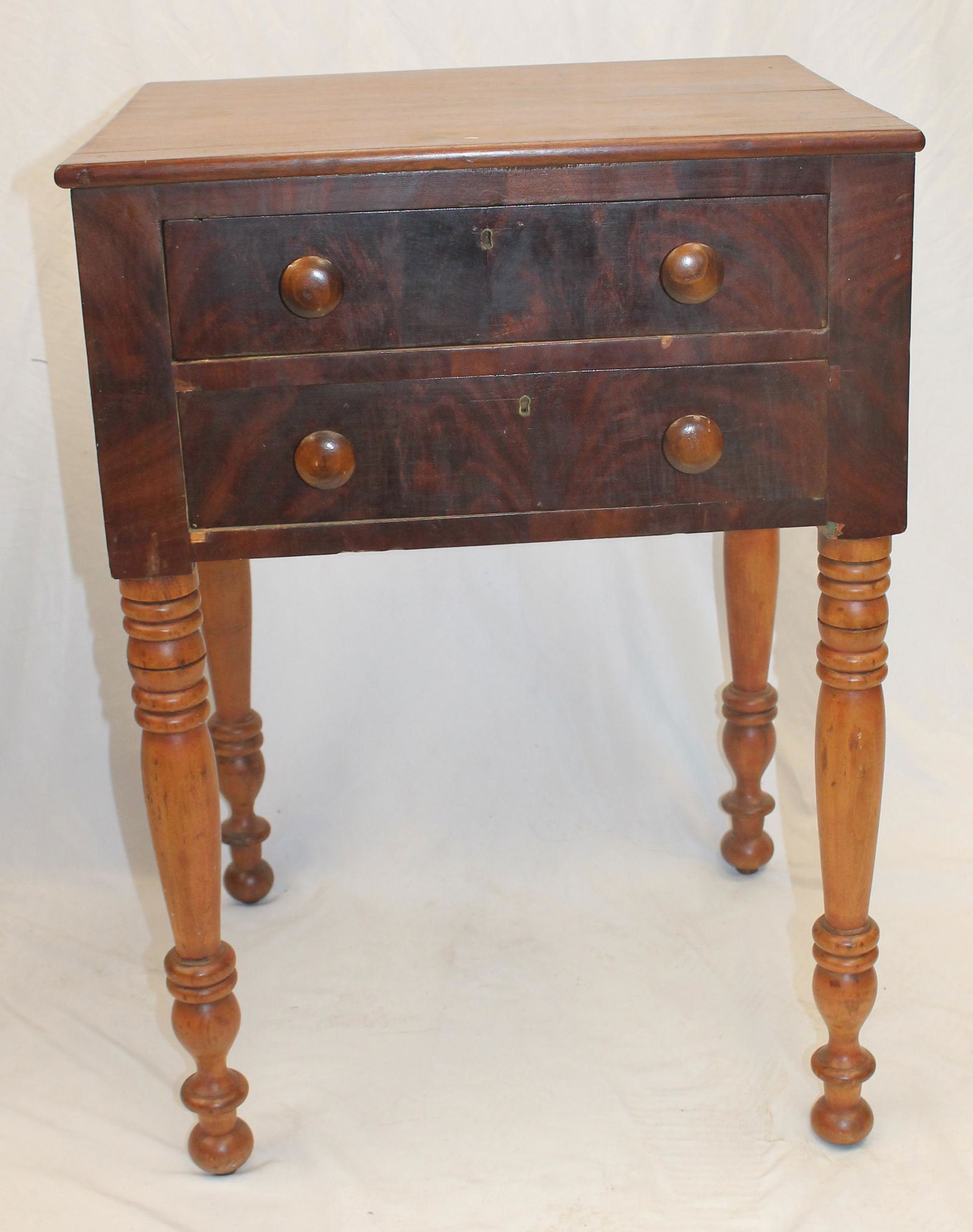 Antique 2 drawer night stand/ work table w turned legs - 29 1/2" x 20 3/4" wide x 18 1/4" deep (1 of 5)