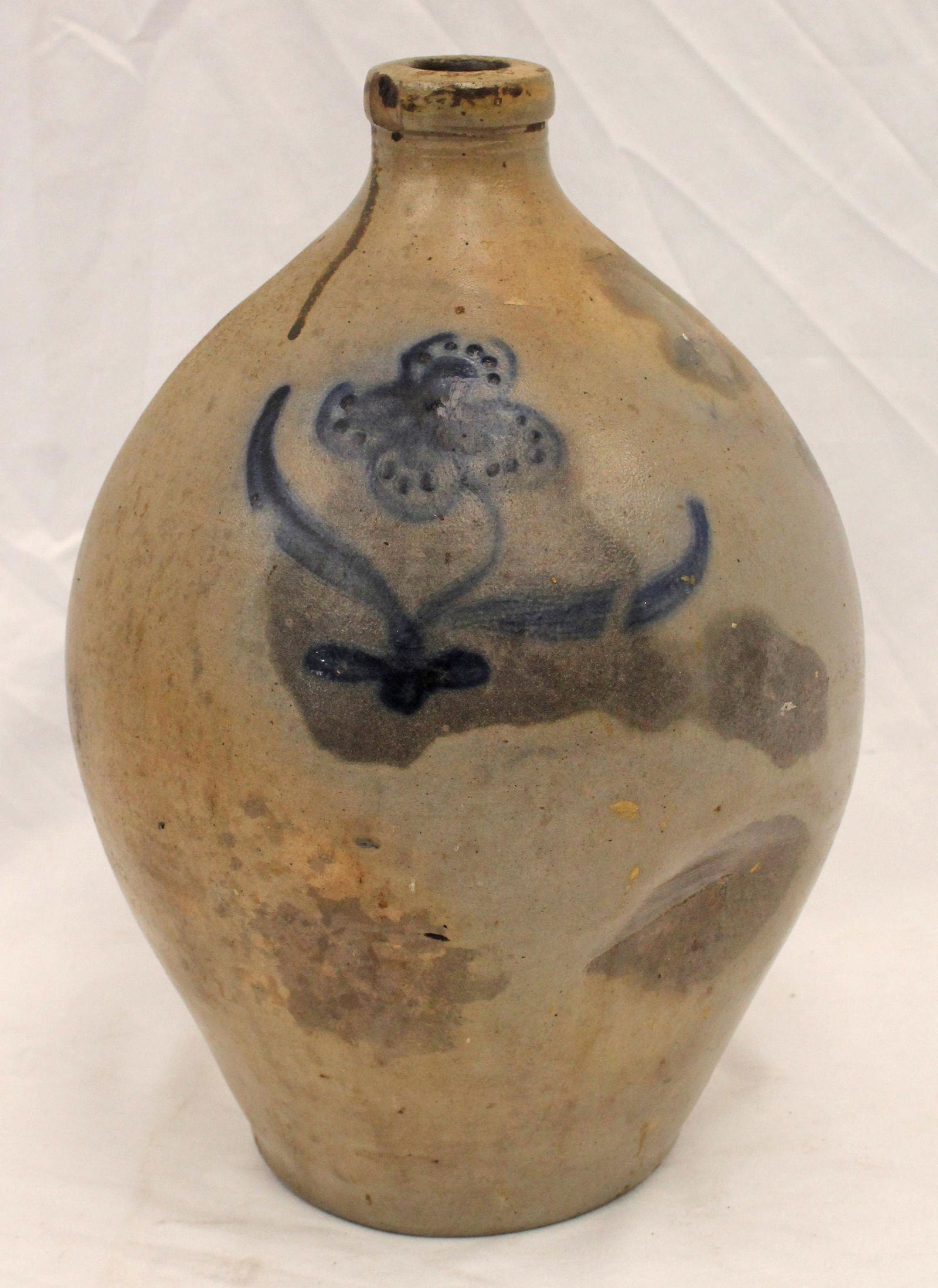 Antique stoneware ovoid jug w cobalt dec flower dec - approx 11 1/2" tall (1 of 10)