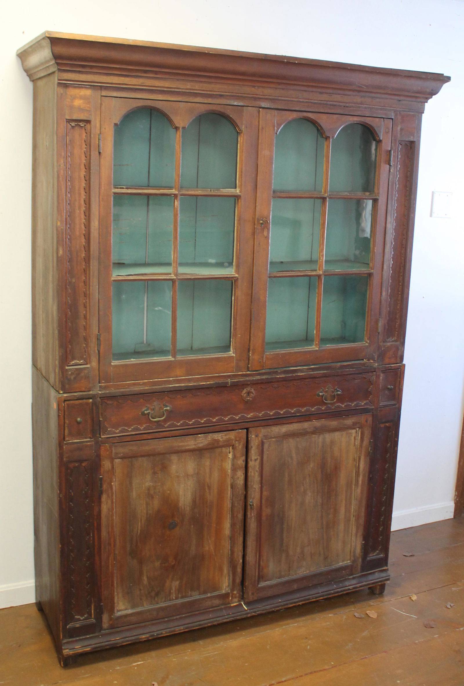 Antique CT River Valley 2 part cupboard w shaped shelves & 2 glass doors over 2 cupboard doors - 77' (1 of 13)