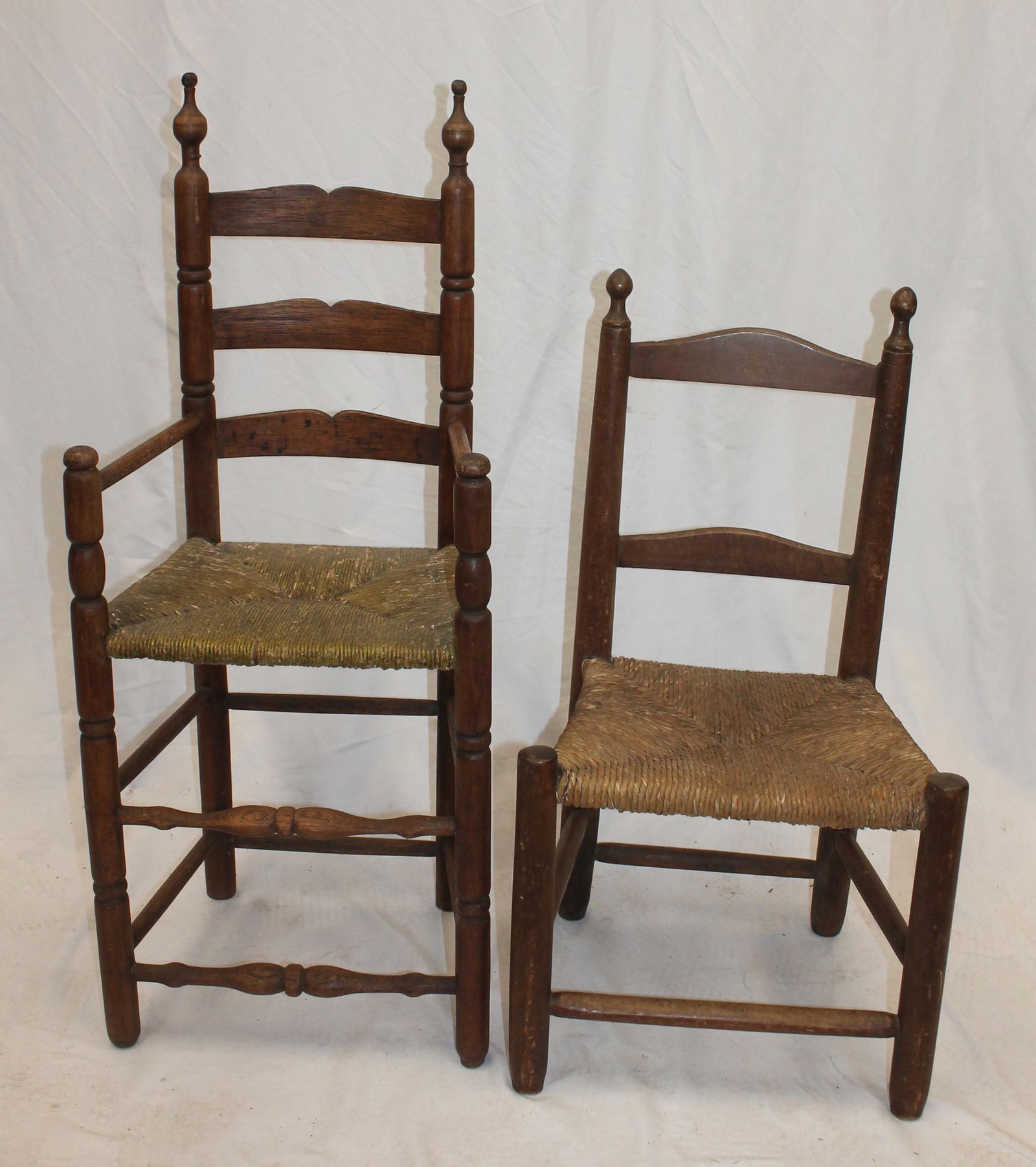 Lot of 2 youth ladderback chairs w rush seats - 35 3/4" & 29" tall (1 of 7)