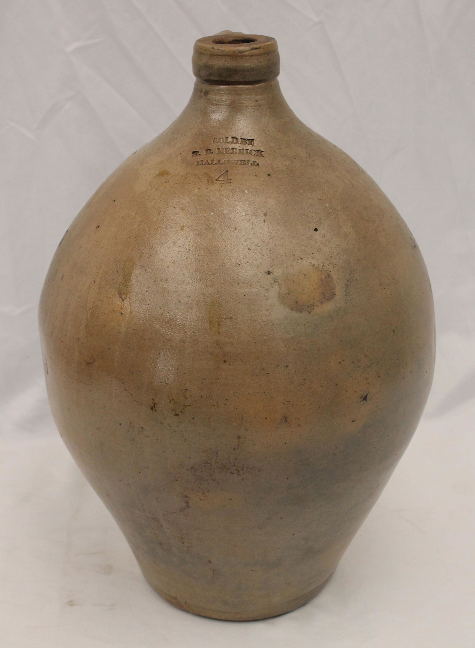 Rare JB Merrick Hallowell (ME) stoneware 4 gal large ovoid jug - 16" tall (1 of 7)