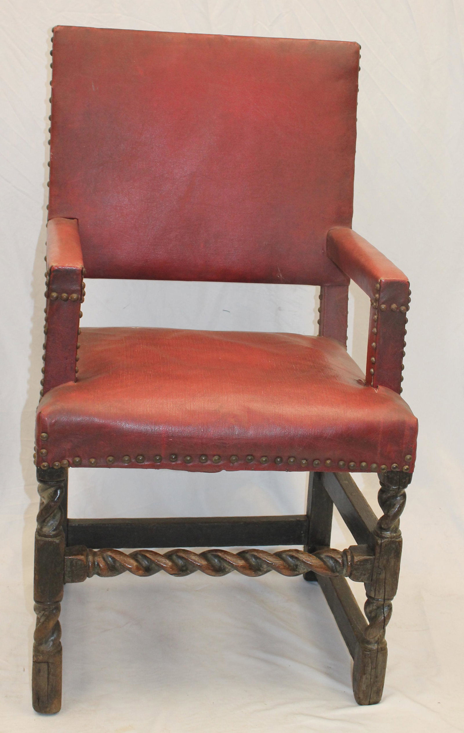 Antique red leather upholstered armchair - 40" tall: Antique red leather upholstered armchair - 40" tall